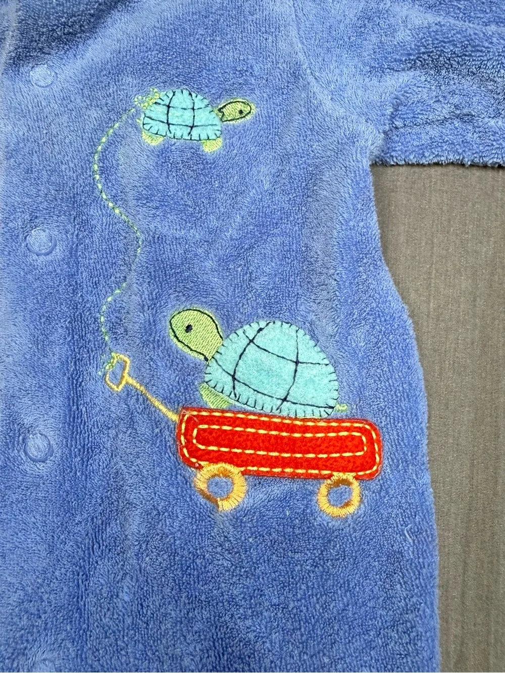 Vintage Carter's Light Blue Plush Footed One-Piece with Turtle & Car Embroidery